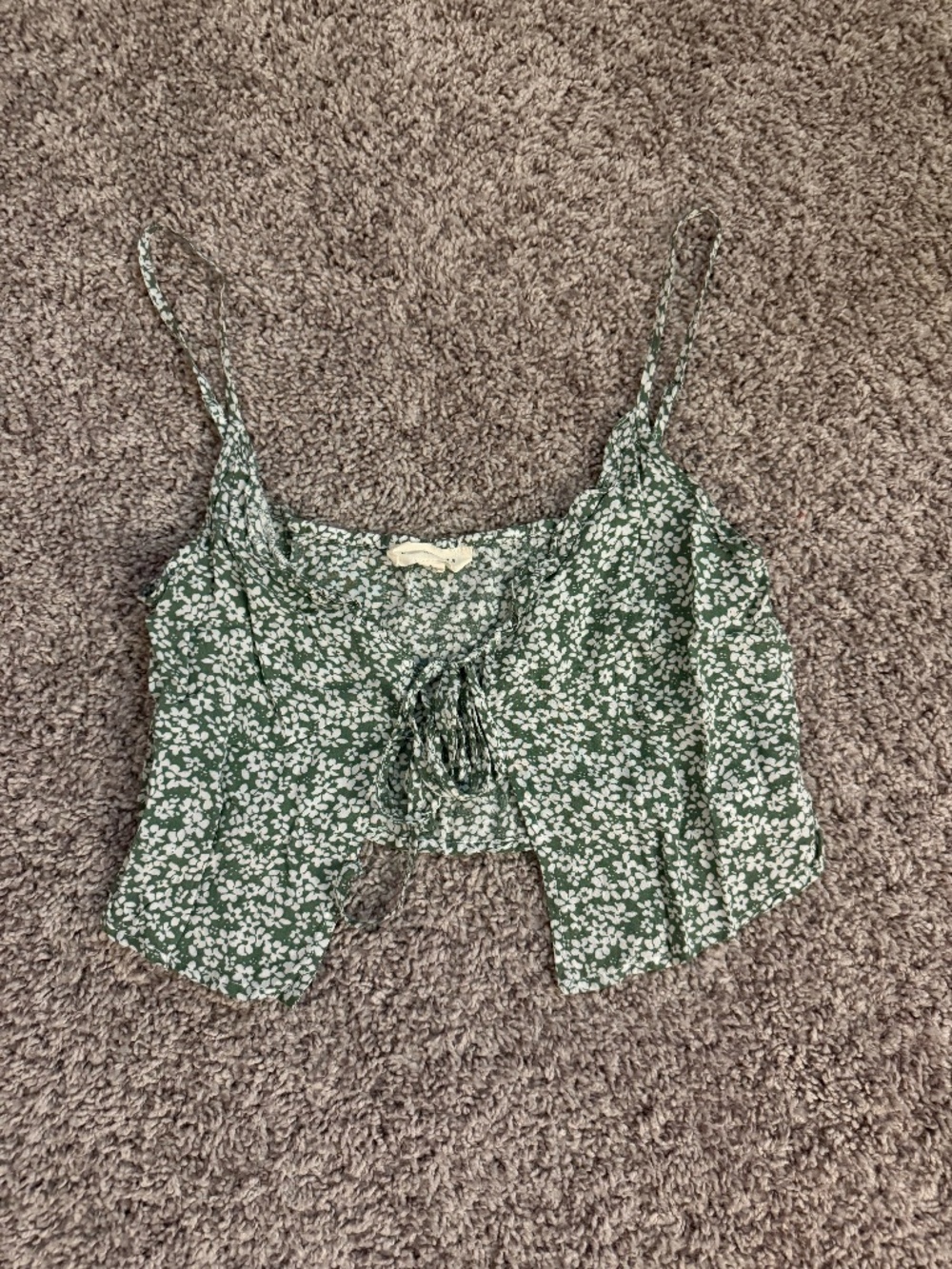 Green and White Floral Cropped Front-Tie Tank Top